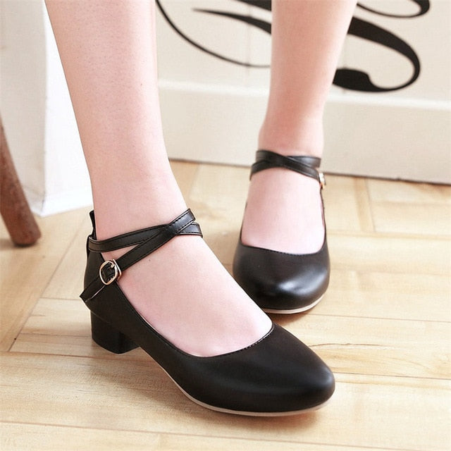 Women Pumps 3cm Low Square Block Heels Round Toe Mary Janes Black White Casual Wedding Dress Office Lady Cross Ankle Strap Shoes