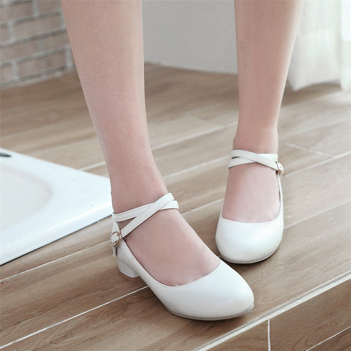 Women Pumps 3cm Low Square Block Heels Round Toe Mary Janes Black White Casual Wedding Dress Office Lady Cross Ankle Strap Shoes