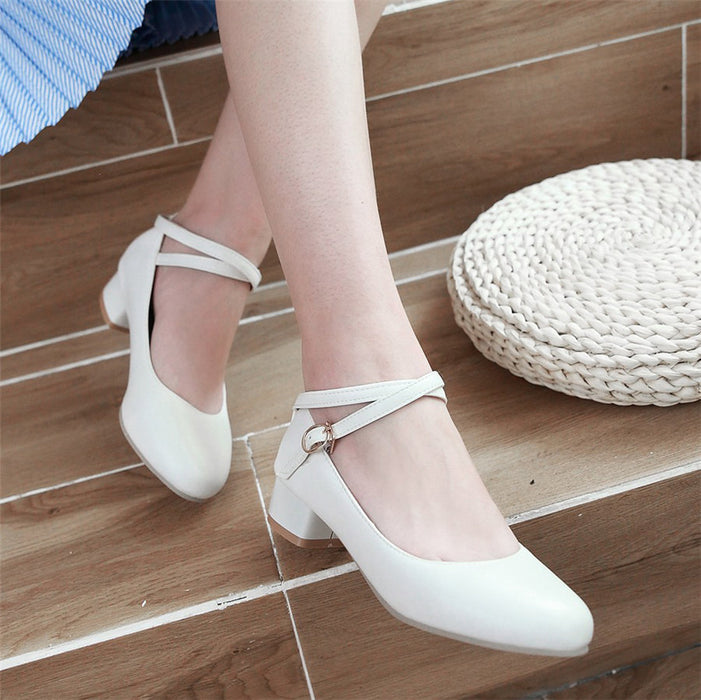 Women Pumps 3cm Low Square Block Heels Round Toe Mary Janes Black White Casual Wedding Dress Office Lady Cross Ankle Strap Shoes