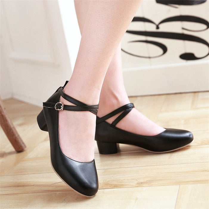 Women Pumps 3cm Low Square Block Heels Round Toe Mary Janes Black White Casual Wedding Dress Office Lady Cross Ankle Strap Shoes