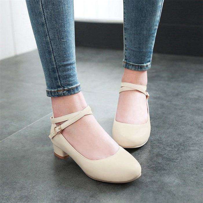 Women Pumps 3cm Low Square Block Heels Round Toe Mary Janes Black White Casual Wedding Dress Office Lady Cross Ankle Strap Shoes