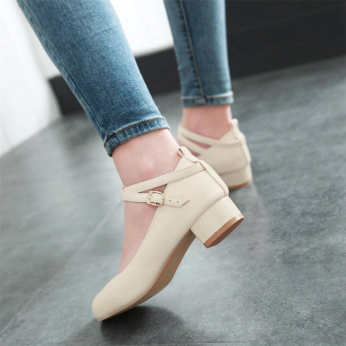 Women Pumps 3cm Low Square Block Heels Round Toe Mary Janes Black White Casual Wedding Dress Office Lady Cross Ankle Strap Shoes