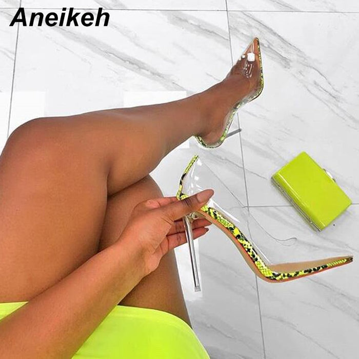 Aneikeh Women PVC Clear Transparent Pumps Sandals Perspex Heel Stilettos High Heels Point Toes Shoes Ladies Party Dress Shoes