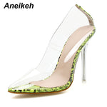 Aneikeh Women PVC Clear Transparent Pumps Sandals Perspex Heel Stilettos High Heels Point Toes Shoes Ladies Party Dress Shoes