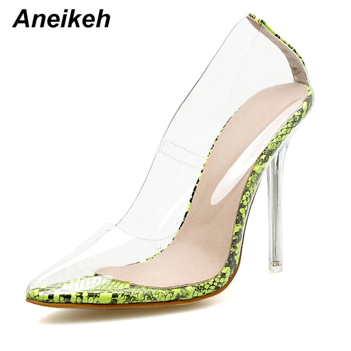 Aneikeh Women PVC Clear Transparent Pumps Sandals Perspex Heel Stilettos High Heels Point Toes Shoes Ladies Party Dress Shoes