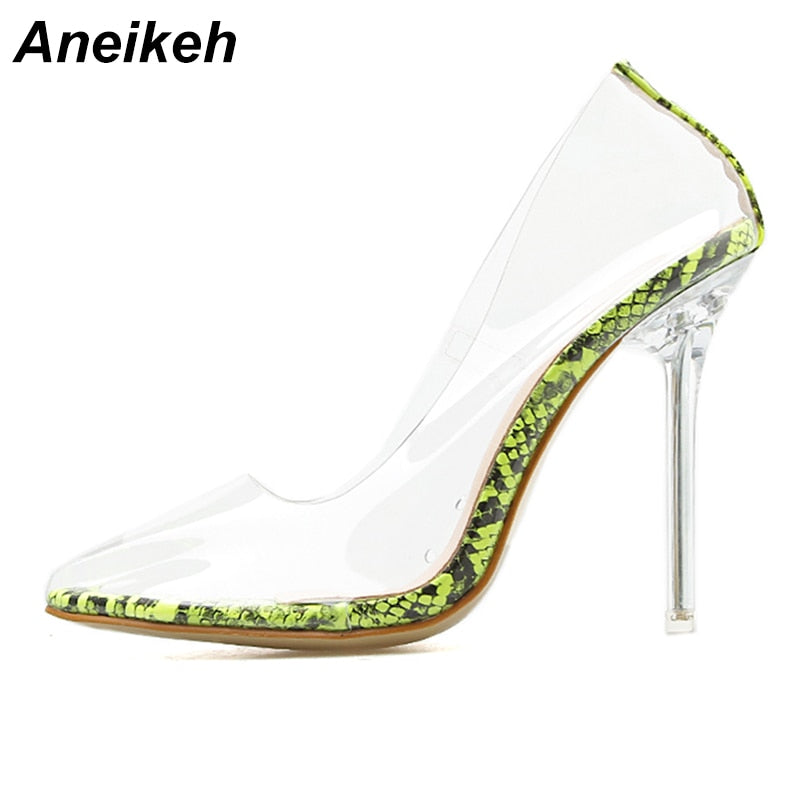 Aneikeh Women PVC Clear Transparent Pumps Sandals Perspex Heel Stilettos High Heels Point Toes Shoes Ladies Party Dress Shoes