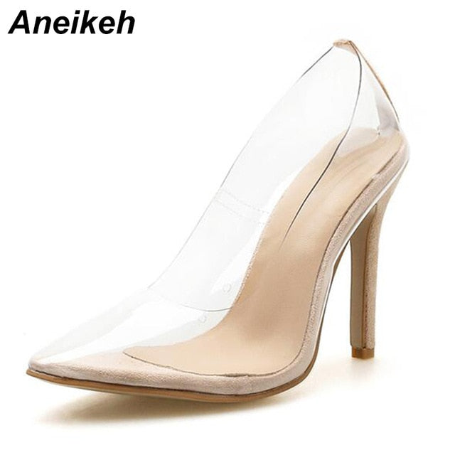 Aneikeh Women PVC Clear Transparent Pumps Sandals Perspex Heel Stilettos High Heels Point Toes Shoes Ladies Party Dress Shoes