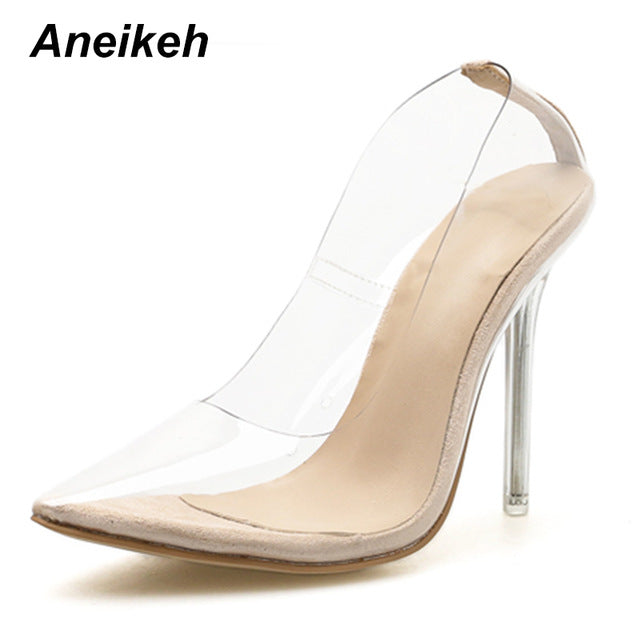 Aneikeh Women PVC Clear Transparent Pumps Sandals Perspex Heel Stilettos High Heels Point Toes Shoes Ladies Party Dress Shoes