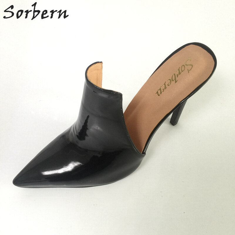 Sorbern Black Pointed Toe Mules High Heels Women Stilettos Slip On Pumps Ladies Custom Colors High Fashion Shoes Plus Size 2018