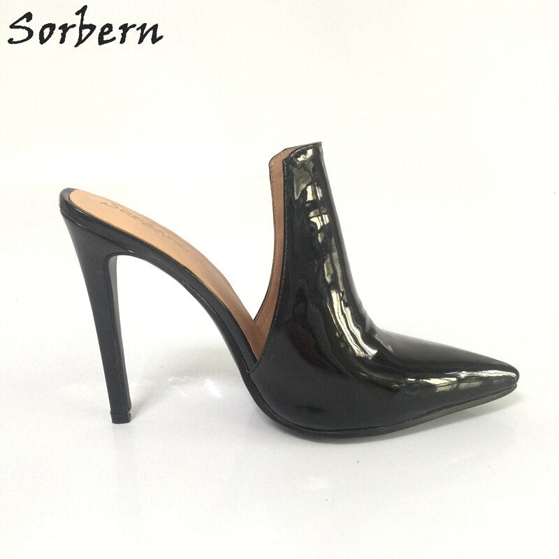 Sorbern Black Pointed Toe Mules High Heels Women Stilettos Slip On Pumps Ladies Custom Colors High Fashion Shoes Plus Size 2018