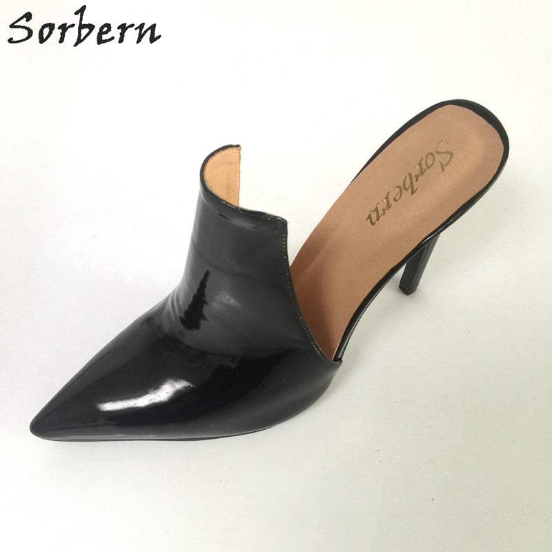 Sorbern Black Pointed Toe Mules High Heels Women Stilettos Slip On Pumps Ladies Custom Colors High Fashion Shoes Plus Size 2018