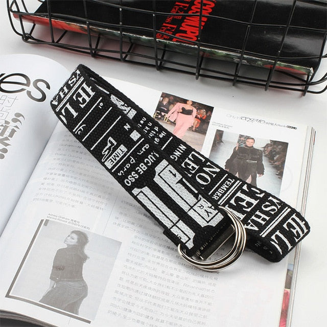 24 styles Unisex Canvas Belts Letters Printed D Ring Double Buckle Punk Waist Strap Women Men Teenager Long Wide white Belt