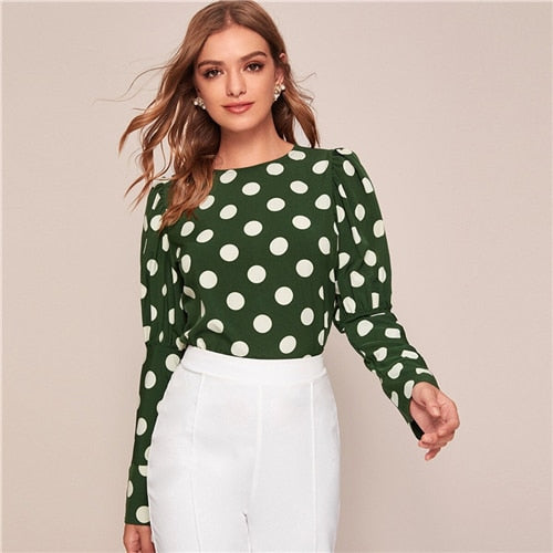 SHEIN Beige Polka Dot Leg-of-mutton Sleeve Blouse Top Women Spring Autumn Round Neck Office Ladies Elegant Blouses