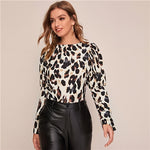 SHEIN Beige Polka Dot Leg-of-mutton Sleeve Blouse Top Women Spring Autumn Round Neck Office Ladies Elegant Blouses