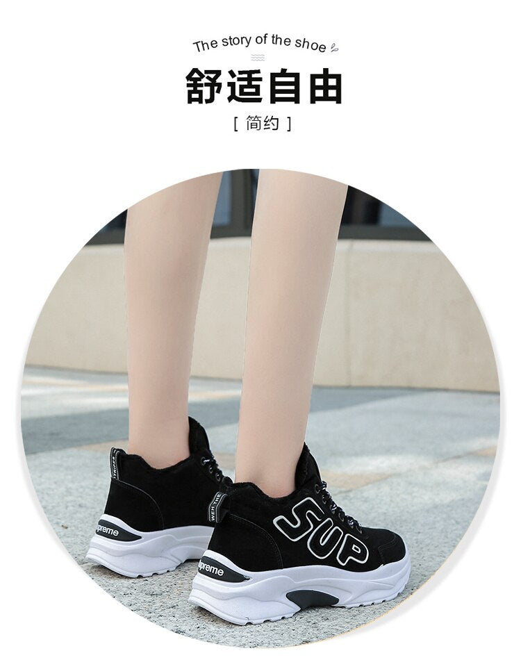 2018 Winter Plush Warm Women Tennis Shoes Platform Sneakers Chunky Height Increasing Sport Shoes Lady Outdoor Trainers Shoes