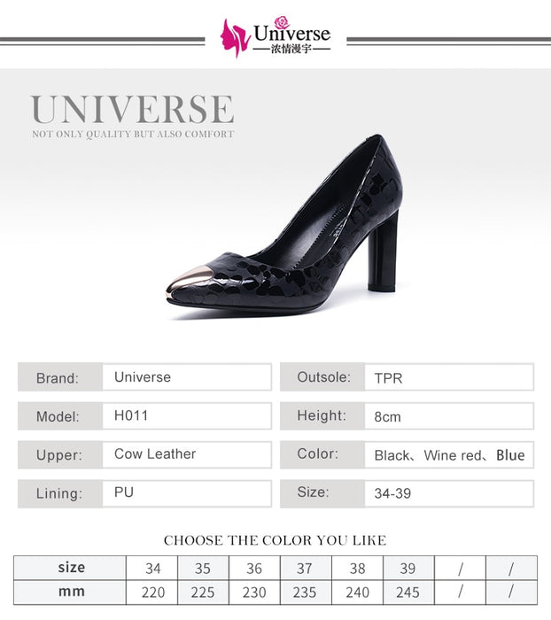 Universe elegant office pumps genuine leather shallow pointed toe red black high heels dress shoes for ladies women shoes H011