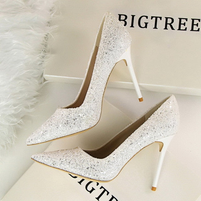 Rhinestone Women Shoes Sexy High Heels Pointed Women Shoes Pumps Women Heels Bling Bridal Wedding Shoes Ladies Plus Size 42 43