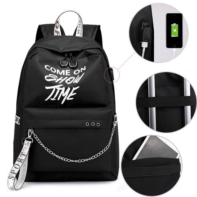 Winmax Luminous USB Charge Women Backpack Fashion Letters Print School Bag Teenager Girls Ribbons Backpack Mochila Sac A Dos