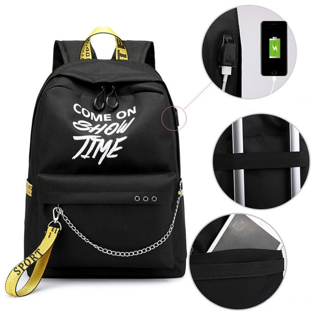 Winmax Luminous USB Charge Women Backpack Fashion Letters Print School Bag Teenager Girls Ribbons Backpack Mochila Sac A Dos