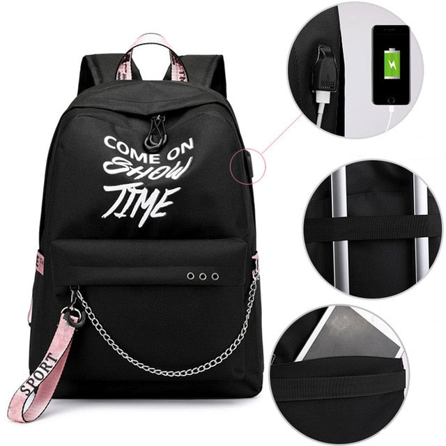 Winmax Luminous USB Charge Women Backpack Fashion Letters Print School Bag Teenager Girls Ribbons Backpack Mochila Sac A Dos