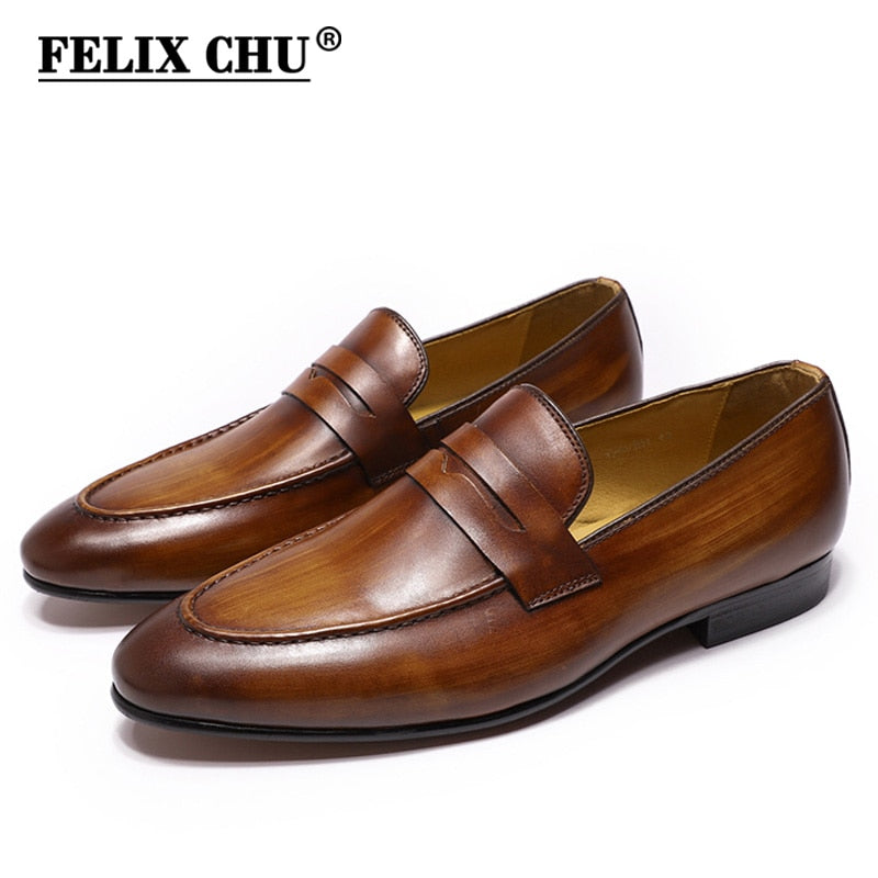 FELIX CHU Men Penny Loafers Leather Shoes Genuine Leather Elegant Wedding Party Casual Mens Dress Shoes Brown Hand-Painted Flats