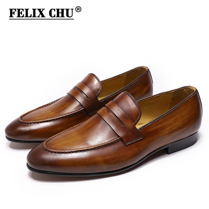 FELIX CHU Men Penny Loafers Leather Shoes Genuine Leather Elegant Wedding Party Casual Mens Dress Shoes Brown Hand-Painted Flats