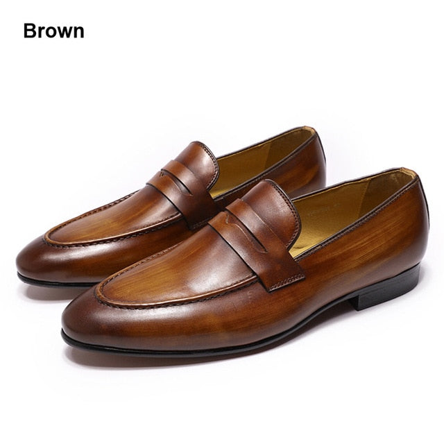 FELIX CHU Men Penny Loafers Leather Shoes Genuine Leather Elegant Wedding Party Casual Mens Dress Shoes Brown Hand-Painted Flats