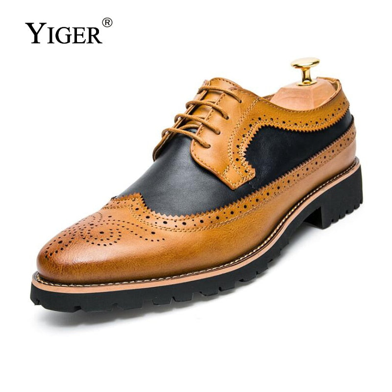 YIGER New Men Brogue shoes Bullock Men Dress Shoes Man Wedding shoes Lace-up Mixed color Red/Yellow   0077