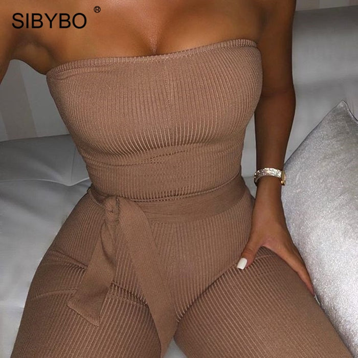 SIBYBO Ribbed Off Shoulder Sexy Jumpsuit Women Strapless Drawstring Summer Women Rompers Skinny Backless Rompers Womens Jumpsuit