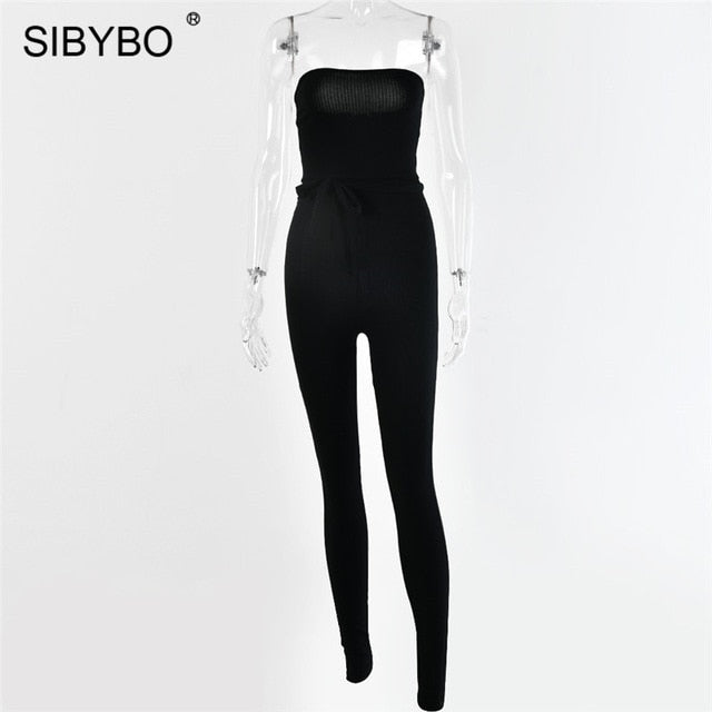 SIBYBO Ribbed Off Shoulder Sexy Jumpsuit Women Strapless Drawstring Summer Women Rompers Skinny Backless Rompers Womens Jumpsuit