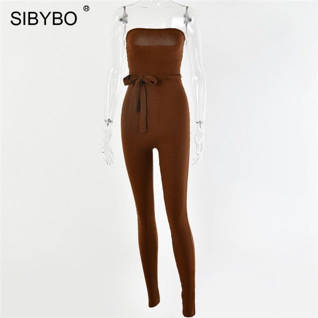 SIBYBO Ribbed Off Shoulder Sexy Jumpsuit Women Strapless Drawstring Summer Women Rompers Skinny Backless Rompers Womens Jumpsuit