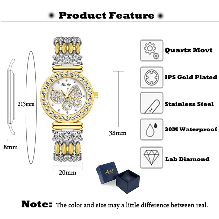 MISSFOX Butterfly Women Watches Luxury Brand Big Diamond 18K Gold Watch Waterproof Special Bracelet Expensive Ladies Wrist Watch