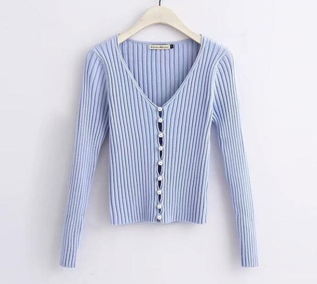 2019 Spring New Stylish Knitting Single Breasted Pearl Cardigan Sweater Woman Deep V-neck Long Sleeve Jumper kleding jerseis