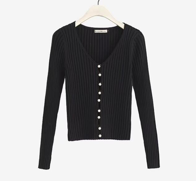 2019 Spring New Stylish Knitting Single Breasted Pearl Cardigan Sweater Woman Deep V-neck Long Sleeve Jumper kleding jerseis