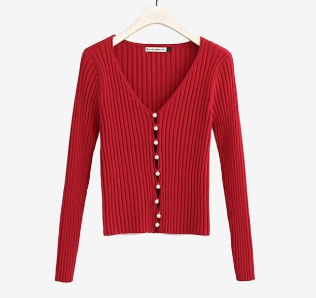 2019 Spring New Stylish Knitting Single Breasted Pearl Cardigan Sweater Woman Deep V-neck Long Sleeve Jumper kleding jerseis