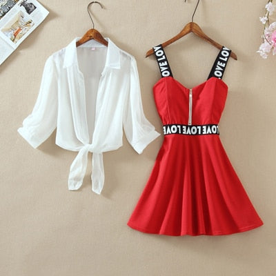 Fashion Women Lantern Sleeve Turn Down Chiffon Shirt Top + Mini Short A Line Letter Spaghetti Strap Dress New Two Pieces Sets