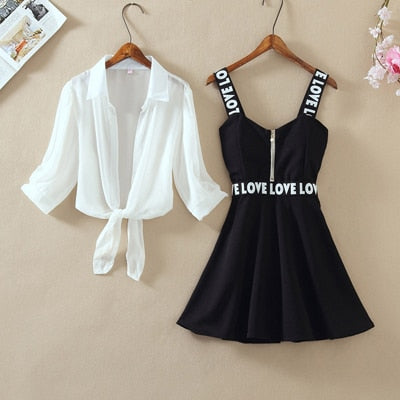 Fashion Women Lantern Sleeve Turn Down Chiffon Shirt Top + Mini Short A Line Letter Spaghetti Strap Dress New Two Pieces Sets