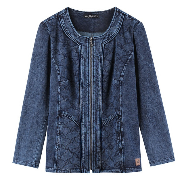 LIH HUA Women's Plus Size Casual Denim Jacket Premium Stretch Knitted Denim with shoulder pads