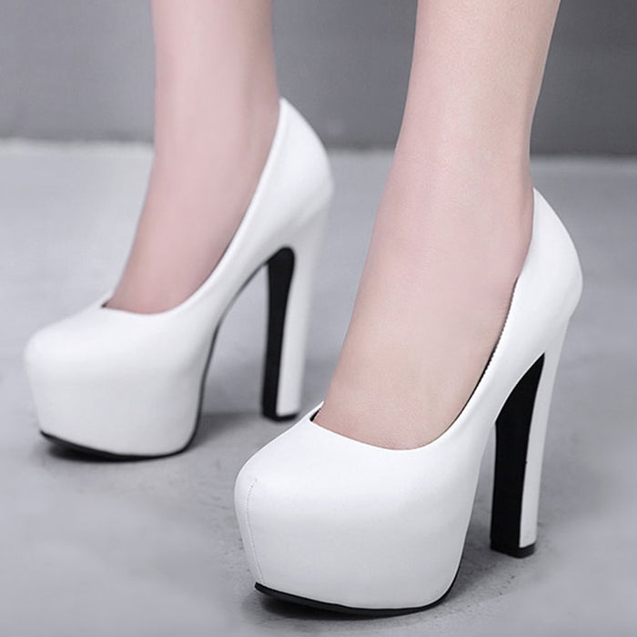 NIUFUNI Ladies High Heels Platform Pumps PU Black White Women Shoes Platform High Heels Shoes Thick Heels Work Pumps Dress Shoes