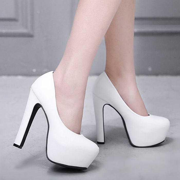 NIUFUNI Ladies High Heels Platform Pumps PU Black White Women Shoes Platform High Heels Shoes Thick Heels Work Pumps Dress Shoes