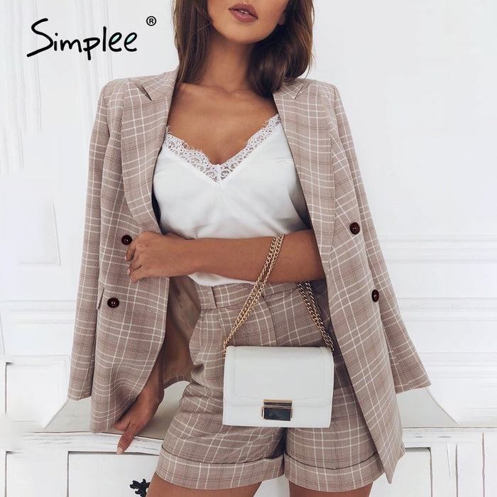 Simplee Two-piece blazer women suits Double breasted plaid casual female blazer shorts set Elegant office ladies blazers sets