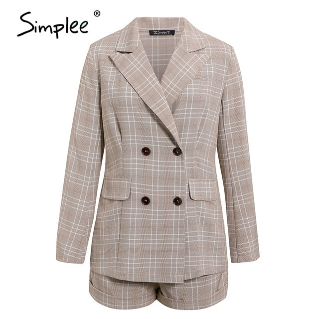 Simplee Two-piece blazer women suits Double breasted plaid casual female blazer shorts set Elegant office ladies blazers sets