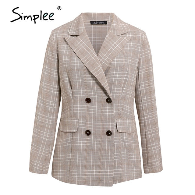 Simplee Two-piece blazer women suits Double breasted plaid casual female blazer shorts set Elegant office ladies blazers sets