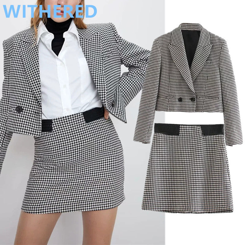 Dave&Di england vintage houndstooth plaid blazer feminino blazer women blazer mujer jackets mini skirt women faldas 2 pieces set
