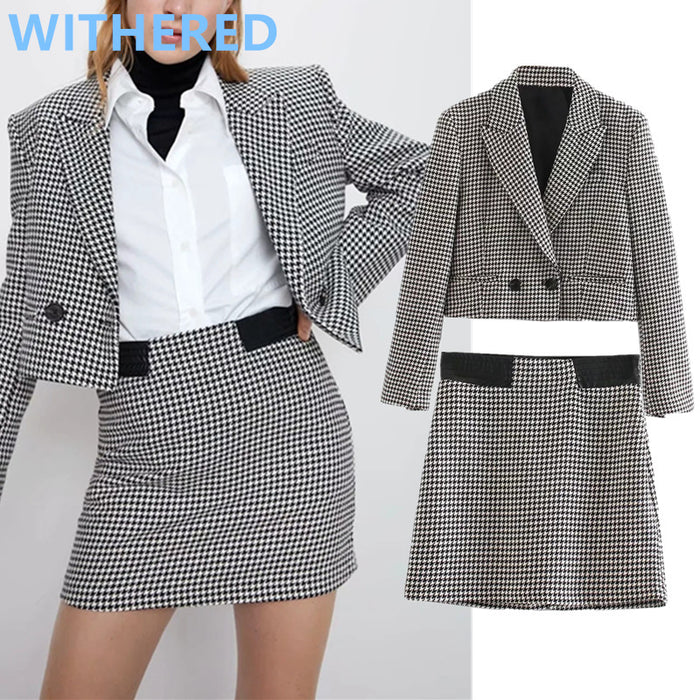 Dave&Di england vintage houndstooth plaid blazer feminino blazer women blazer mujer jackets mini skirt women faldas 2 pieces set