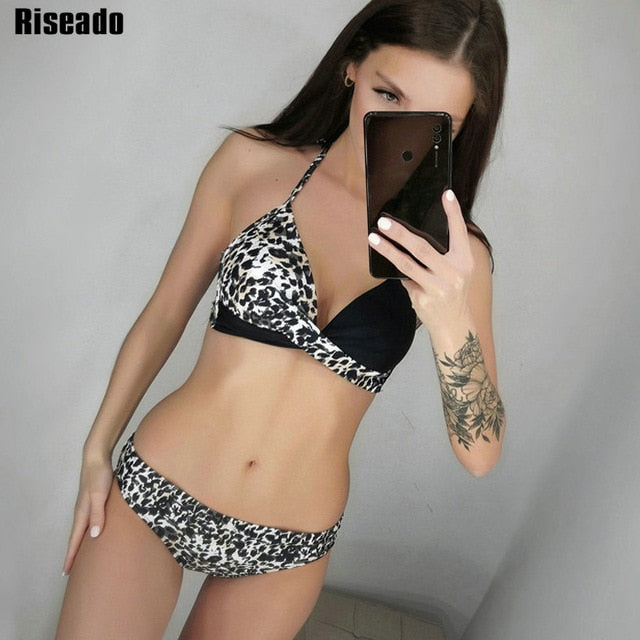 Riseado Sexy Push Up Bikinis Set Swimwear Women Swimsuits Bathing Suit Women Halter biquini Leaf Print Beach Wear Bikini 2020