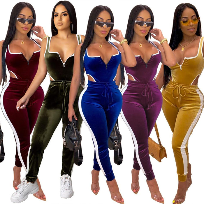 Winter Vrouwen Set Fluwelen Bodysuit Potlood Broek Pak Twee Delige Set Sexy Mouwloze Straat Casual Mode Trainingspak Outfit