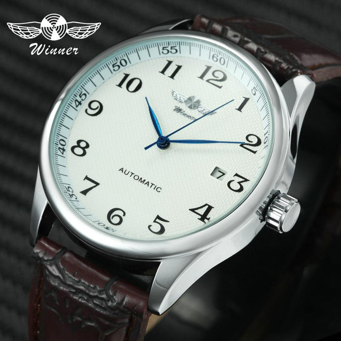 Fashion Business Automatic Watch Men Leather Strap Male Mechanical Wrist Watches Calendar Date Clock montre homme WINNER