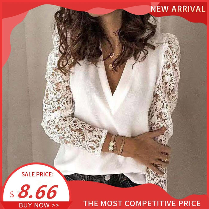 Women V-neck Lace Hollow Out Blouse Patchwork Long Sleeve White Office Ladies Blouses 2020 Summer Casual Solid Female Tops