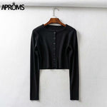 Aproms Candy Color Ribbed Knitted Cardigan Women Autumn Winter Long Sleeve Basic Cropped Sweaters Female Casual Short Jumper Top
